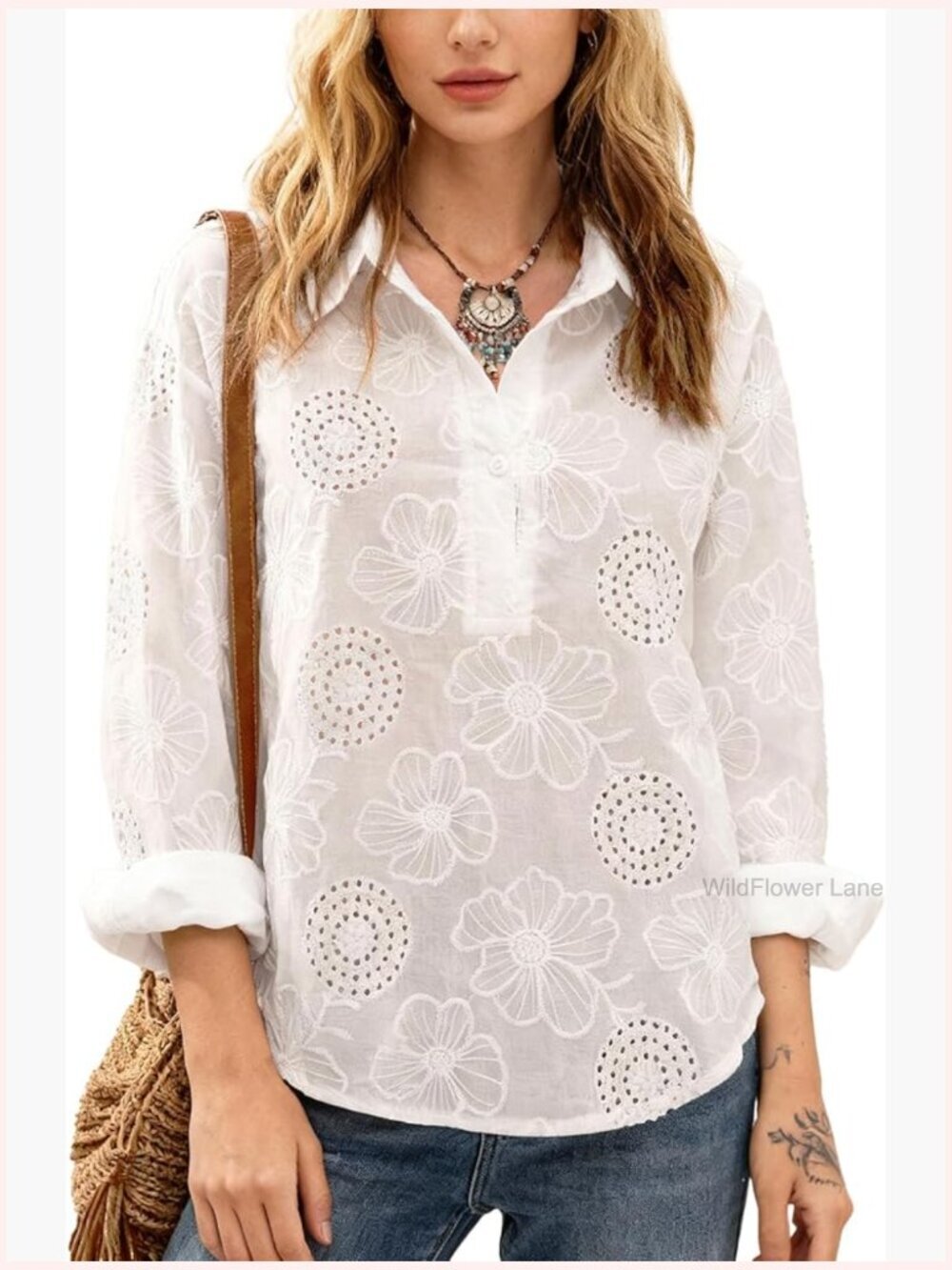 Women's Dressy Casual Long Sleeve Eyelet V Neck Button Down Blouse